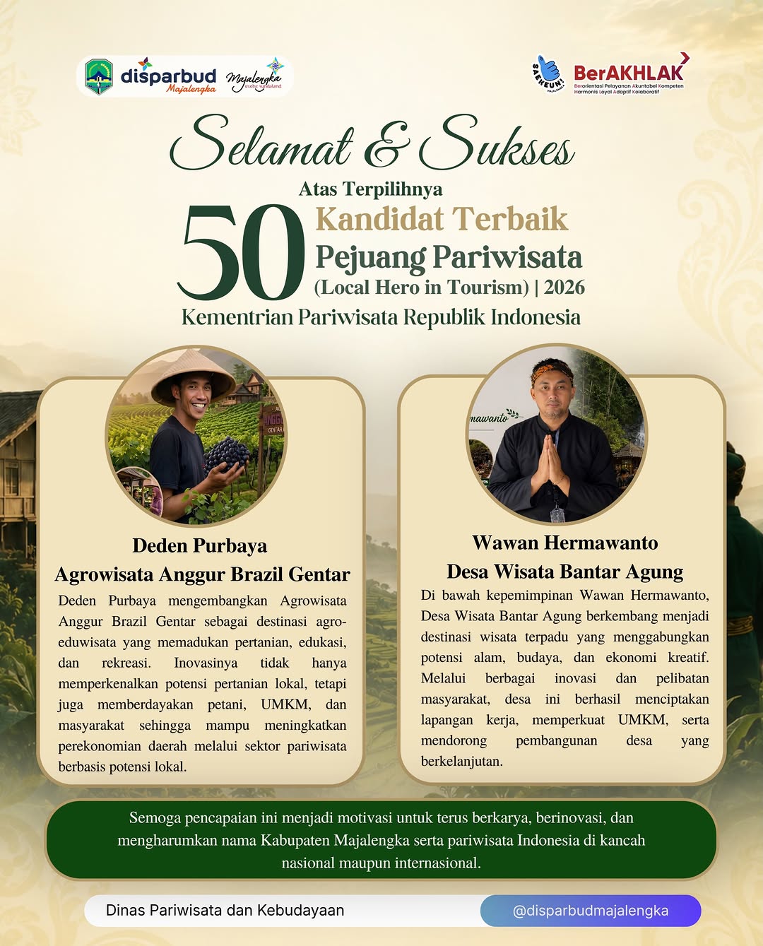 Dua Tokoh Pariwisata Majalengka Masuk 50 Kandidat Terbaik Pejuang Pariwisata 2026
